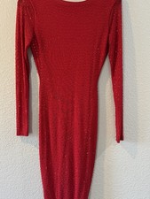Windsor Red Rhinestone Mesh Sheer V-Neck Long Sleeve Bodycon Dress S