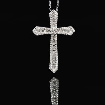 0.52CT Natural Diamond Religious Cross Pendant 18'' Chain 10K Solid White Gold