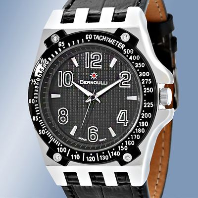NEW Bernoulli 9724 Mens Polaris Wide Black Leather Textured Dial Watch manly wow