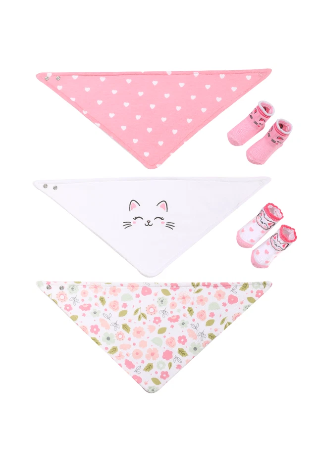 Pack de 3 baberos y calcetines para bebé - diseño de gato rosa, baberos suaves + 2 pares de calcetines Foto 2 de 2