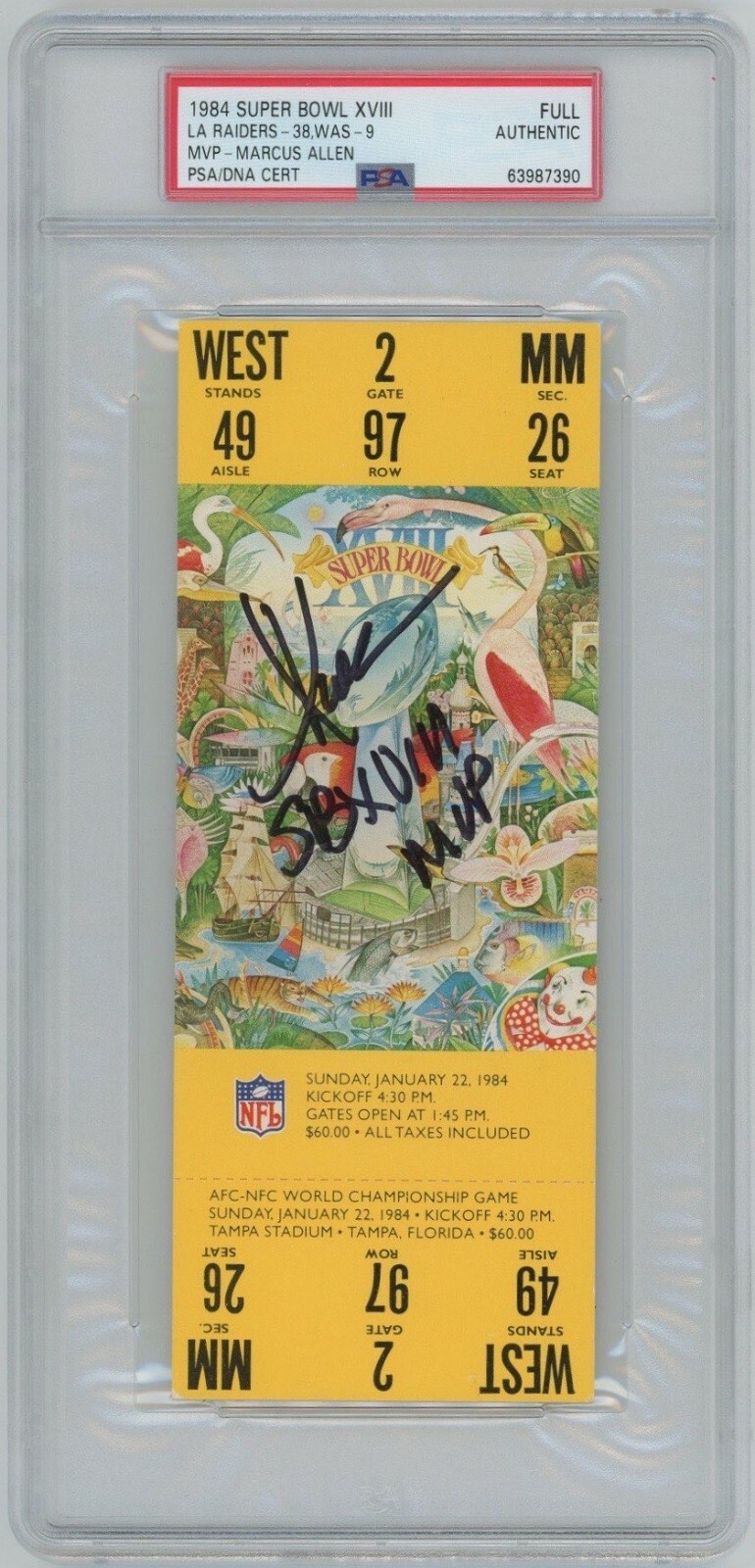 Marcus Allen Autographed Signed Los Angeles Raiders Full Authentic Super Bowl 18 Ticket Stub "SB XVIII MVP" PSA 