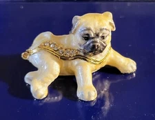 Lounging Pugsley Pewter Bejeweled Hinged Miniature Trinket Box Kingspoint
