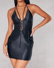 PLT Black Lace Up Satin Bodycon Strappy Dress Size 10 RRP £25 Sexy Party Club