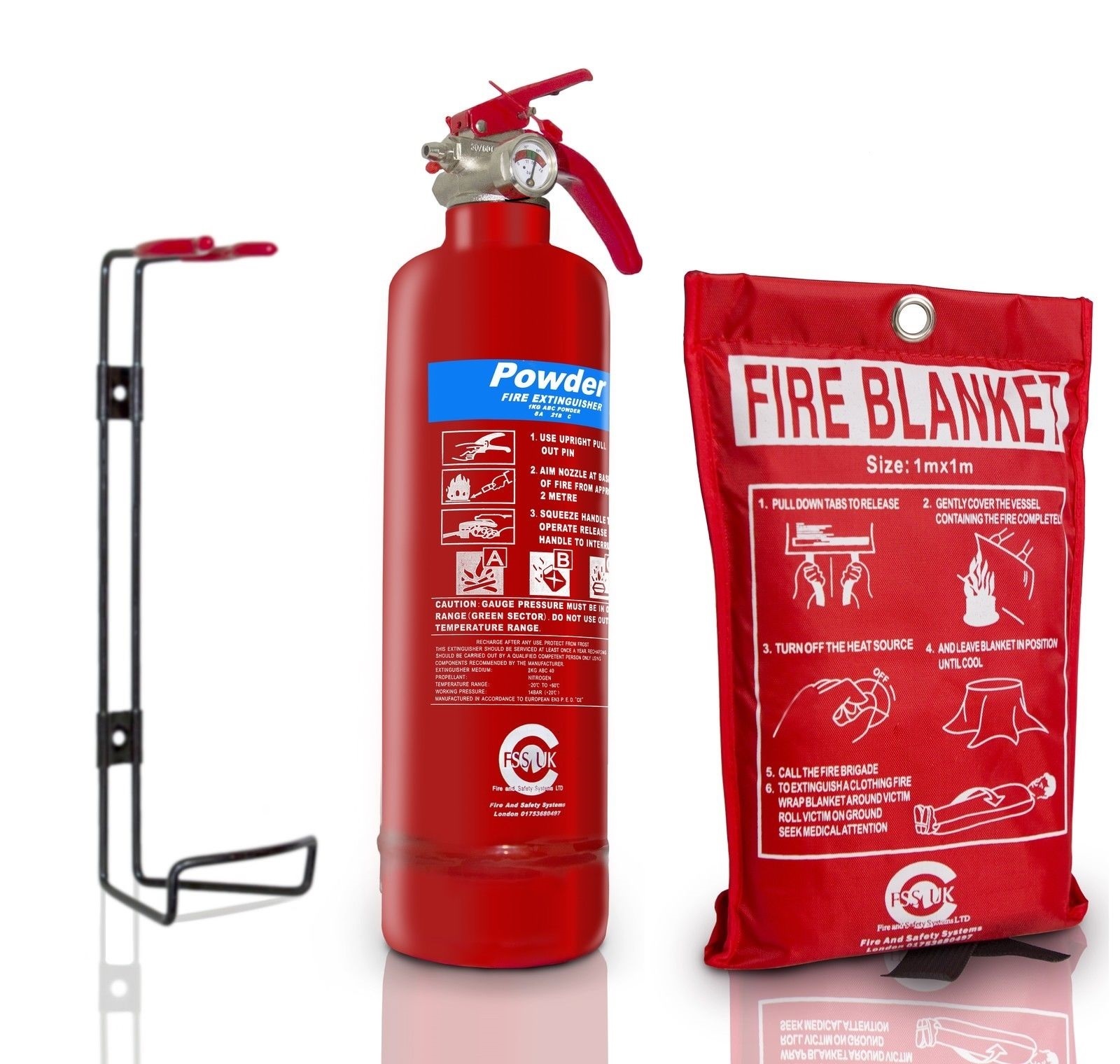 BSi EN3 1KG POWDER ABC FIRE EXTINGUISHER WITH FIRE BLANKET HOME OFFICE KITCHEN