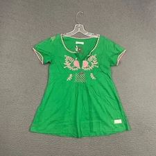 Odd Molly Tunic Top Womens Size 1 Small Green Embroidered Boho Cotton Casual
