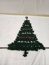 Vintage Macrame Christmas Tree Wall Hanging Boho MCM Red Beads 25  x /24  
