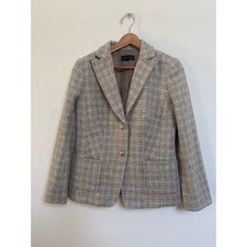 Talbots Classic Shetland Plaid Blazer Tan Aqua Academia Career Essential Size 4