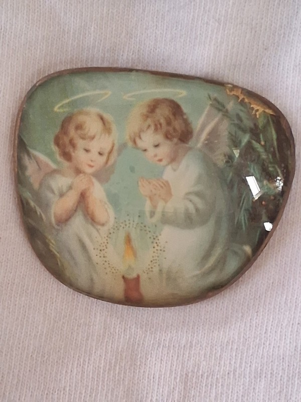Antique EYE GLASS LENS, TURNED INTO ORNAMENT  PIN, ANGELIC XMAS SCENE PAINTED.