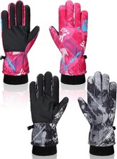 Geyoga 2 Pairs Kids Ski Gloves Waterproof 3 - 6 Years, Black and Rose Red
