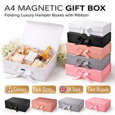 A4 White Magnetic Gift Box Folding Hamper Packaging with Ribbon Luxury UK