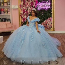 Sky Blue Quinceanera Dresses with Bow Off Shoulde 3D Flowers Princess Ball Gowns