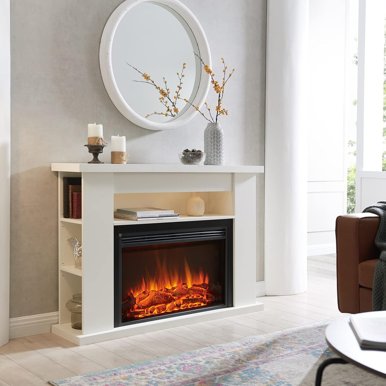 Electric Fireplace Freestanding Suite Flame Effect Heater Remote Control White