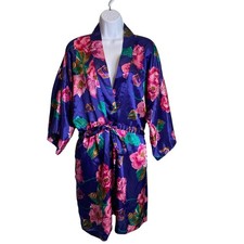 VTG 80s CALIFORNIA DYNASTY Floral Satin Kimono Robe Sz L Asian Vibes Retro-Chic