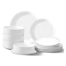 Plates and Bowls Sets,12 Pieces Porcelain Dinnerware Sets, White Ceramic 