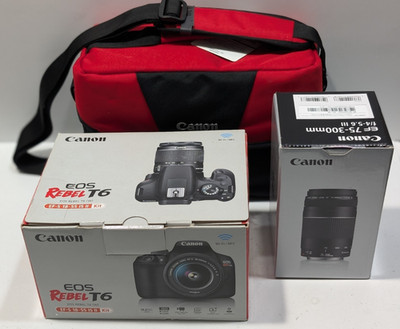 NEW Canon EOS Rebel T6 DSLR Red Camera Kit 18-55mm + 75-300mm Lens Bundle w Case