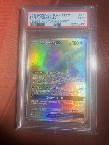 2018 Pokemon Sun & Moon Celestial Storm Secret #177 FA Rayquaza GX PSA 9