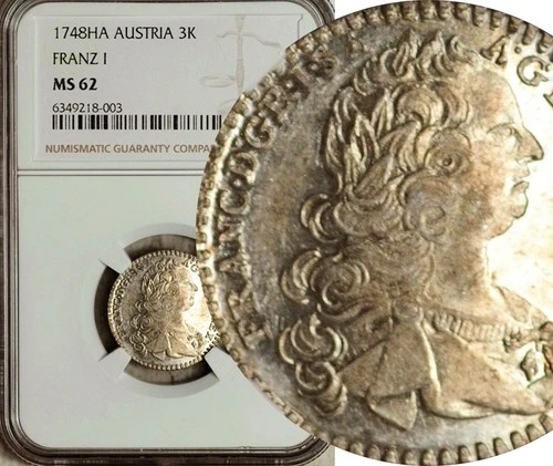 NGC MS-62 AUSTRIA SILVER BILLON 3 KREUZER 1748 -HA (TOP POP: 1/0)