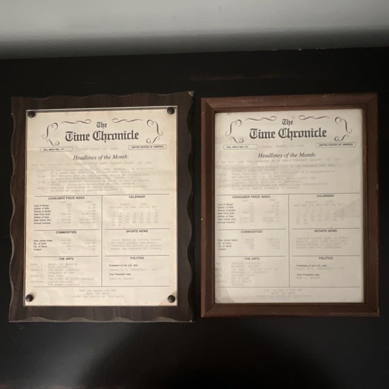 Lot 2 Brown Wood 8x10 Wall Frames w/ "The Time Chronicle" Prints Vintage 1978