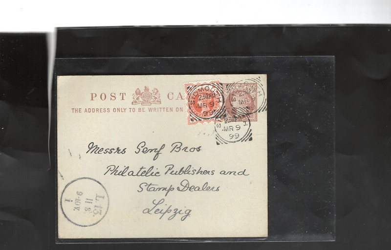 GREAT BRITAIN-POSTAL CARD-1899-ADDED RATE TO GERMANY-CANCELS!!-VF-#306
