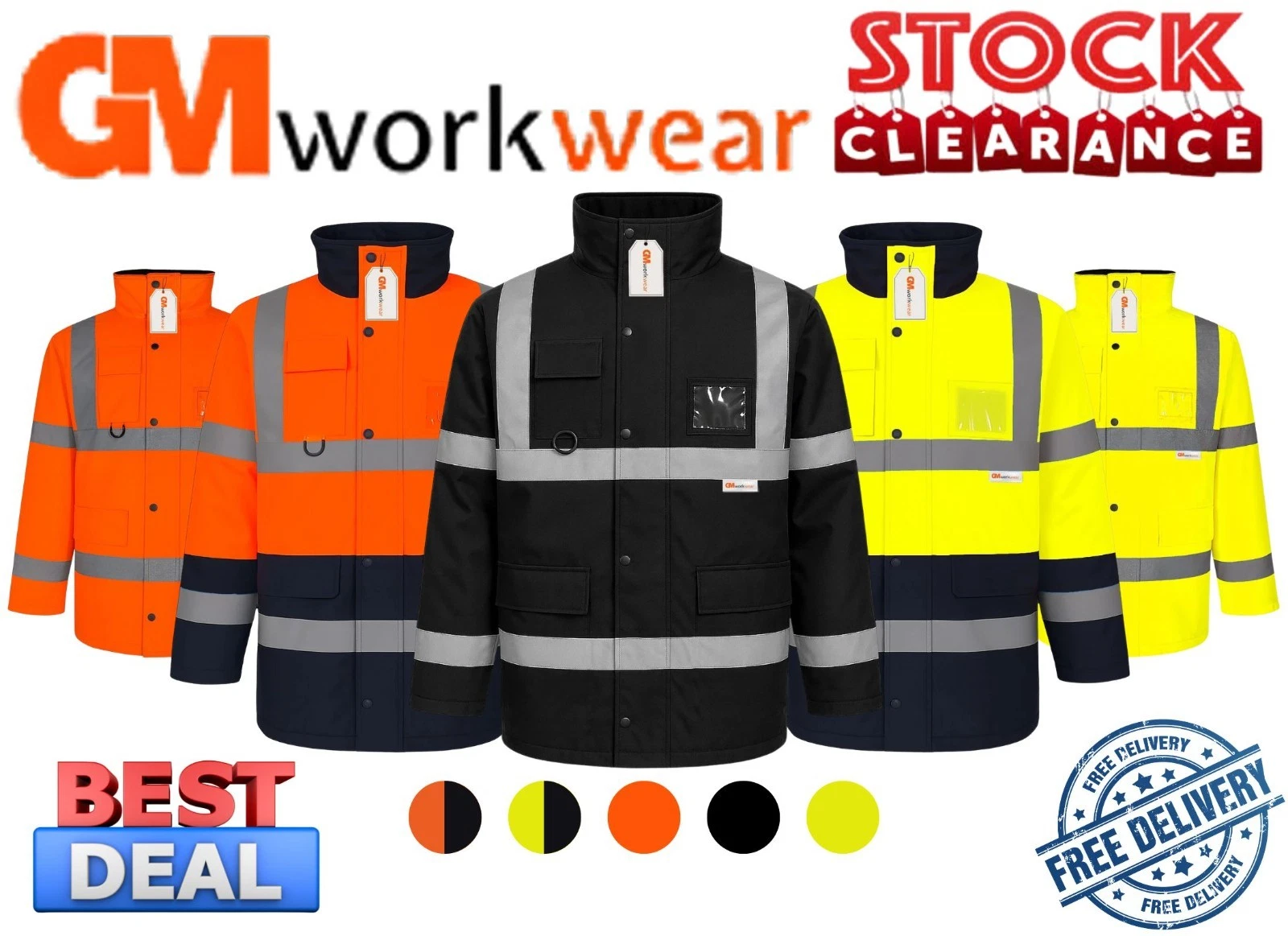 GM Workwear Hi Vis Winter Parka Jacket Thermal Fleece 300D Class 3 Safety Coat