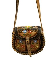 Vintage Mexican Hand Tooled Leather Floral Mini Crossbody Bag Boho Folk Art