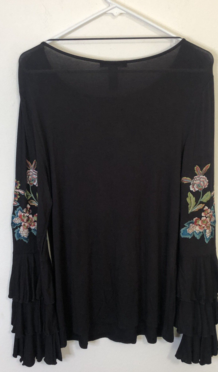 INC International Concepts Anna Sui Embroidered Ruffle Bell Sleeve Top PL Petite