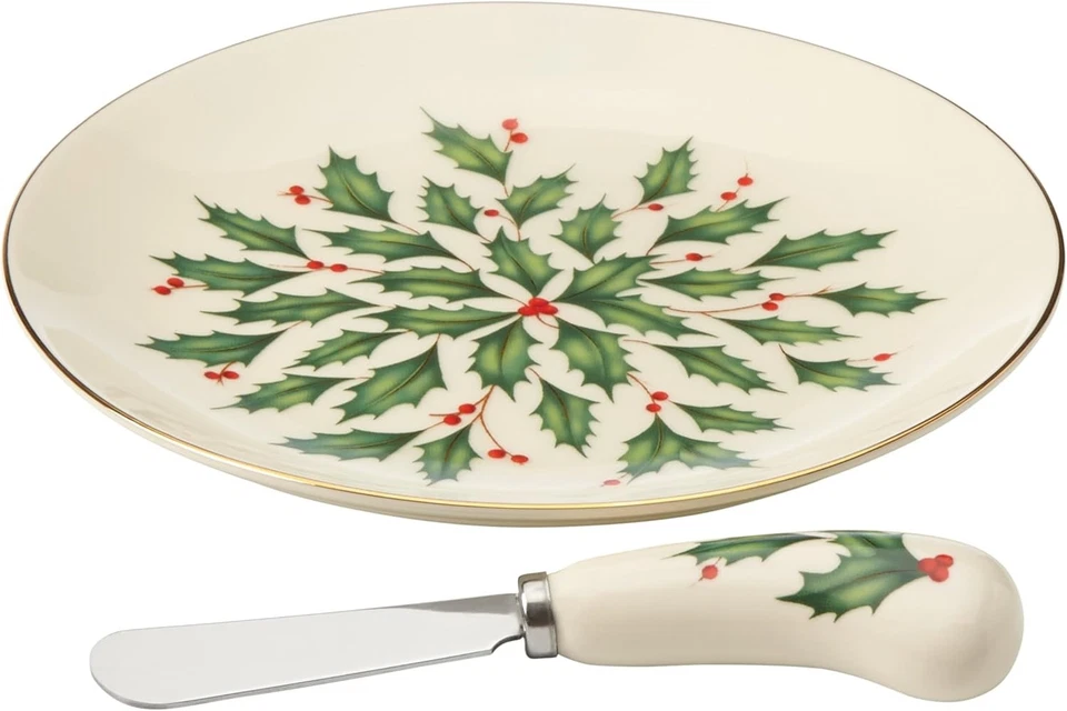 Lenox Fine China HOLIDAY Christmas Holly Cheese Plate w/ Knife N/O