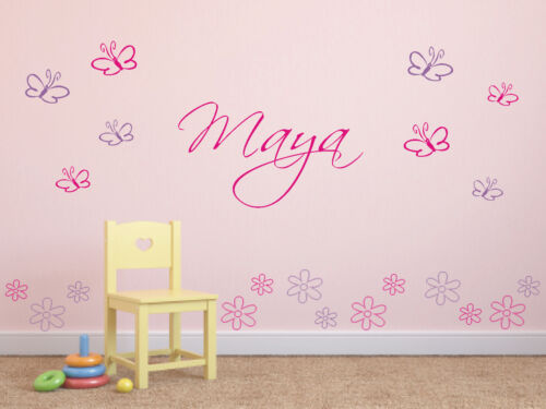 Sticker mural ♥ papillons et fleurs ♥ nom souhaité ♥ chambre d'enfant ♥ 2 couleurs - Photo 1 sur 5