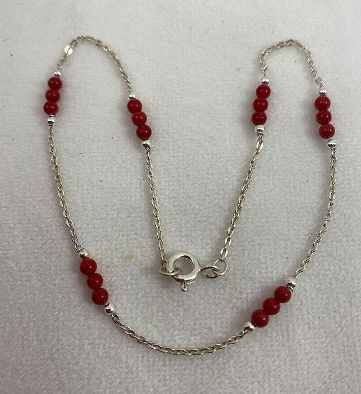 Handmade USA ~ Sterling Silver .925 Red Coral 10 /14" Anklet Ankle Bracelet