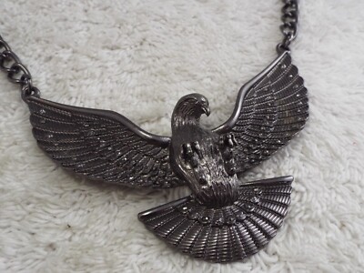 Gunmetal Spread Eagle Bird of Prey Scoop Pendant Necklace (G17)