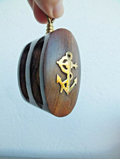 Poulie marine double bois et laiton, hauteur 9cm largeur 4,5cm épaisseur 4,2cm