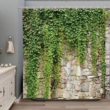 Stone Brick Wall Shower Curtain Green Leaves Garden Landscape Nature Plant Scene