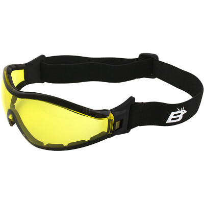 Birdz Boogie Black Padded Motorcycle Safety Goggles Yellow Tint Anti-Fog Lenses