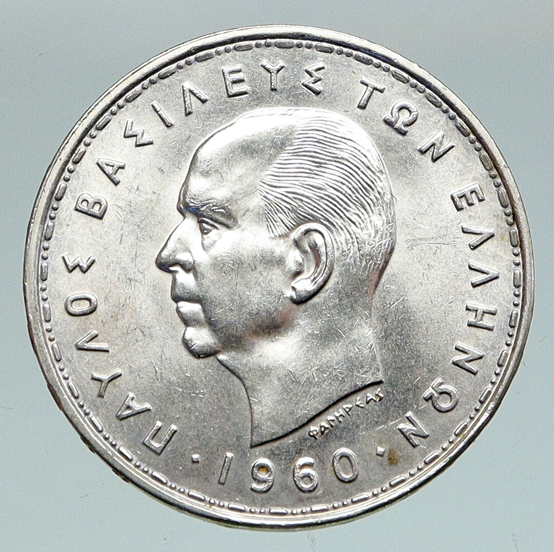 1960 GREECE King PAUL I Silver 20 Drachmai Coin SELENE DIANA MOON