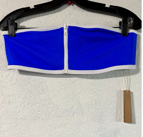 NEW SKIMS ZIP-UP SWIM BANDEAU TOP - COBALT BLUE WHITE - LARGE NWT *SOLD OUT*