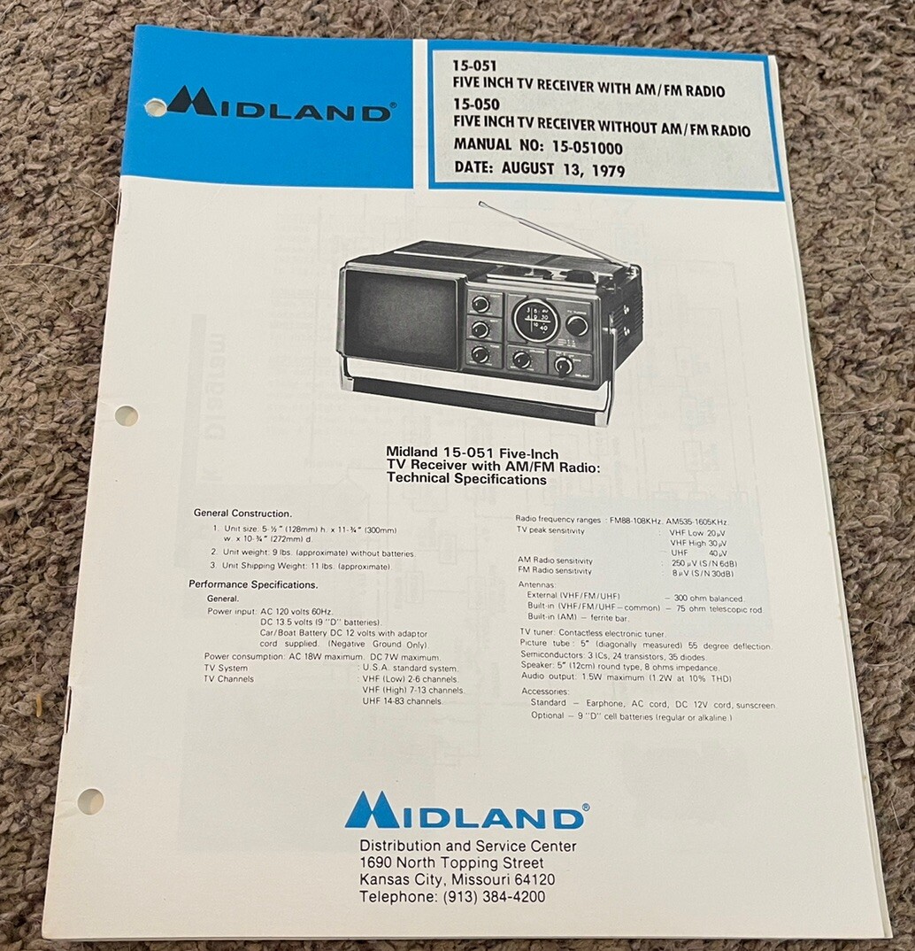 【75】 OEM 1979 Midland 5” B&W Television Radio Service Manual 15-050