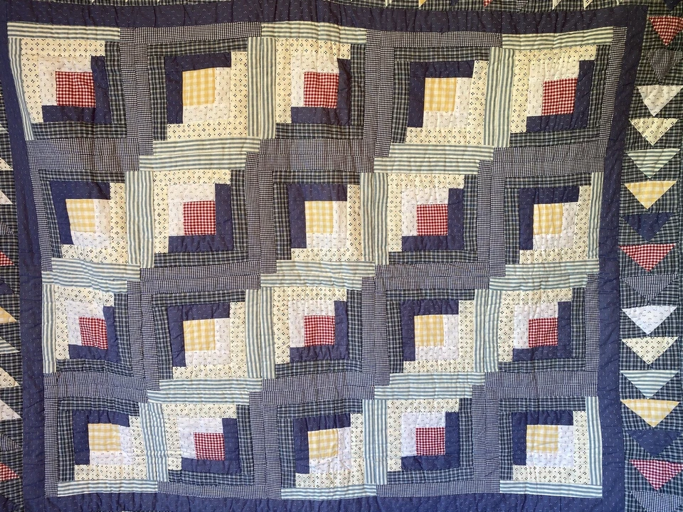 3Pc ребенка ясельного возраста кровать лоскутное одеяло и 2 Shams синий нашивка Magic w вися вкладки хлопок VGUC - Изображение 2 из 4