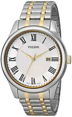Pulsar Mens PH9041 Traditional Silver Dial Two Tone Steel Stretch Bracelet Watch