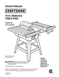 CRAFTSMAN 10" inch Table Saw Instruction Manual Model 315.228390 CD | eBay