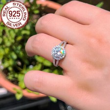 Women 925 Sterling Silver Halo Round Cubic Zirconia Engagement Ring Jewelry Gift