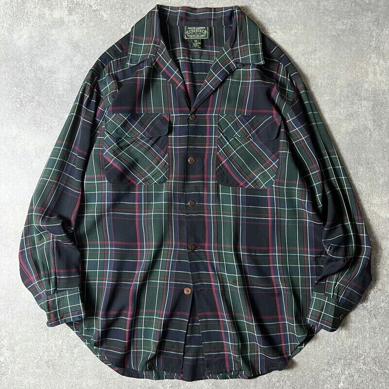 80S 90S Ralph Lauren Country Check Long Sleeve Rayon Open 80S 90S Ralph Lauren Country Check Long Sleeve Rayon Open