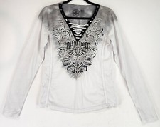 Affliction Annabeth Shirt Womens Medium White Black Graphic Print Glitter Lace