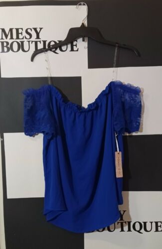 Iris Basic Women's Plus Top Fallen Shoulders Neck Short Sleeve Royal Blue Sz 3XL