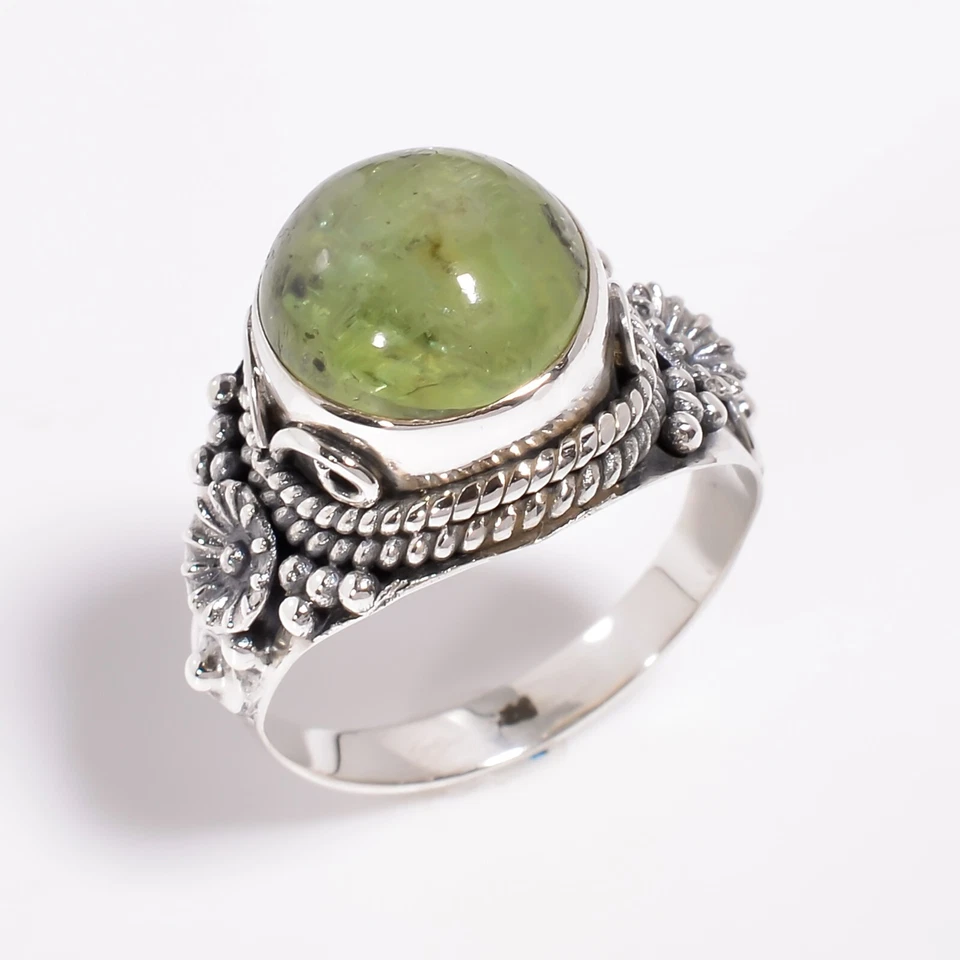 Anillo de piedras preciosas de prehnita natural piedra verde anillo de diseño de plata de ley 925 Foto 3 de 4
