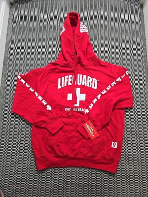 LifeGuard Virginia Beach Mens Hoodie drawstring sweatshirt Size Large Red/White