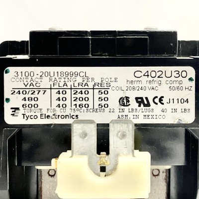 TYCO Electronics C402U30 Magnetic Contactor 20A 2pole 208/240 V 3100-20U18999CL 