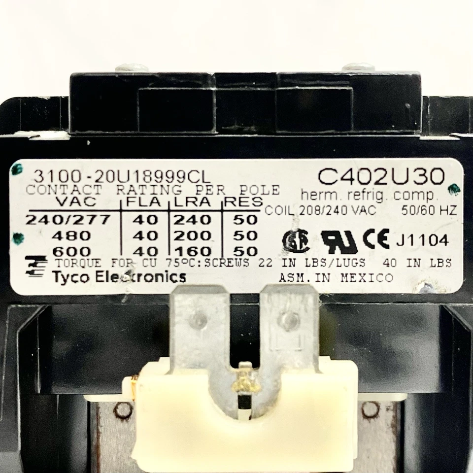 TYCO Electronics C402U30 Magnetic Contactor 20A 2pole 208/240 V 3100-20U18999CL  - Image 2 of 4