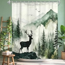 Misty Forest Deer Shower Curtain, Nature Mountain 70"W x 70"L Pack of 1 Green