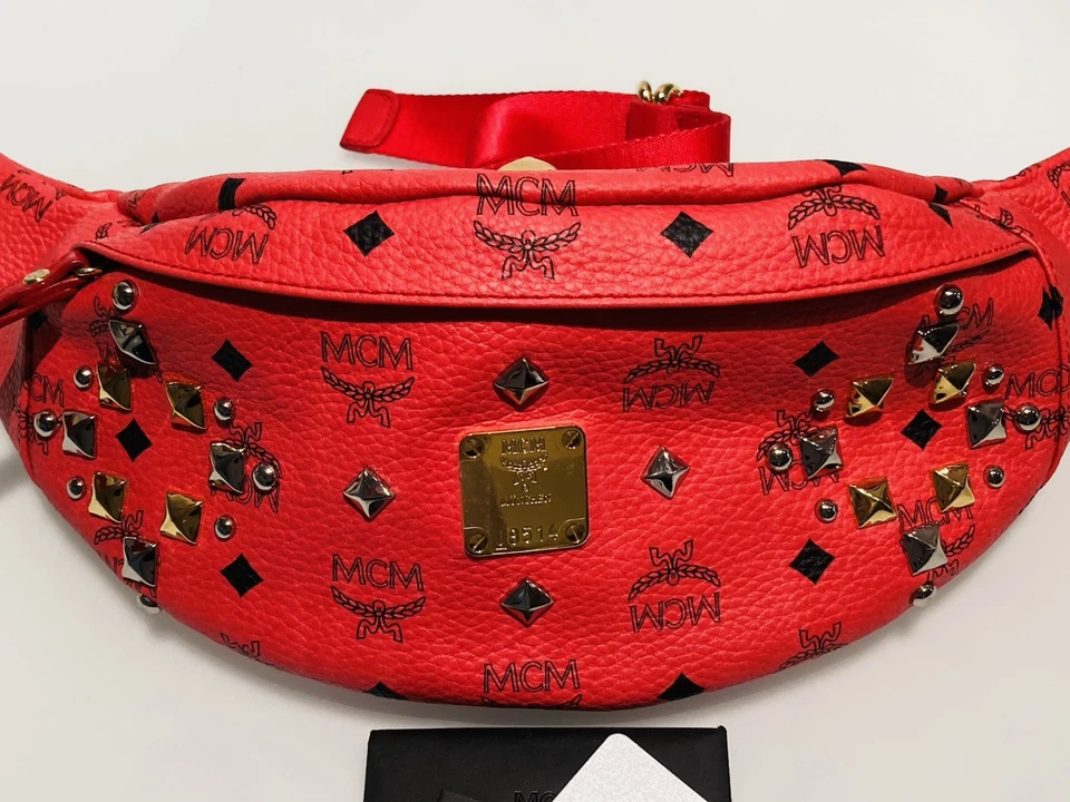 AUTH RARE MCM MÜNCHEN VISETOS STARK STUDDED LRG FANNYPACK BELT BAG RED EXCELLENT - Image 3 of 4