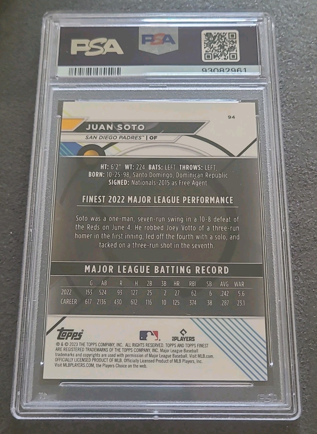 2023 Topps Finest Psa 9 Juan Soto #94 Green Speckle Refractor 076 /125 POP 1 view 2